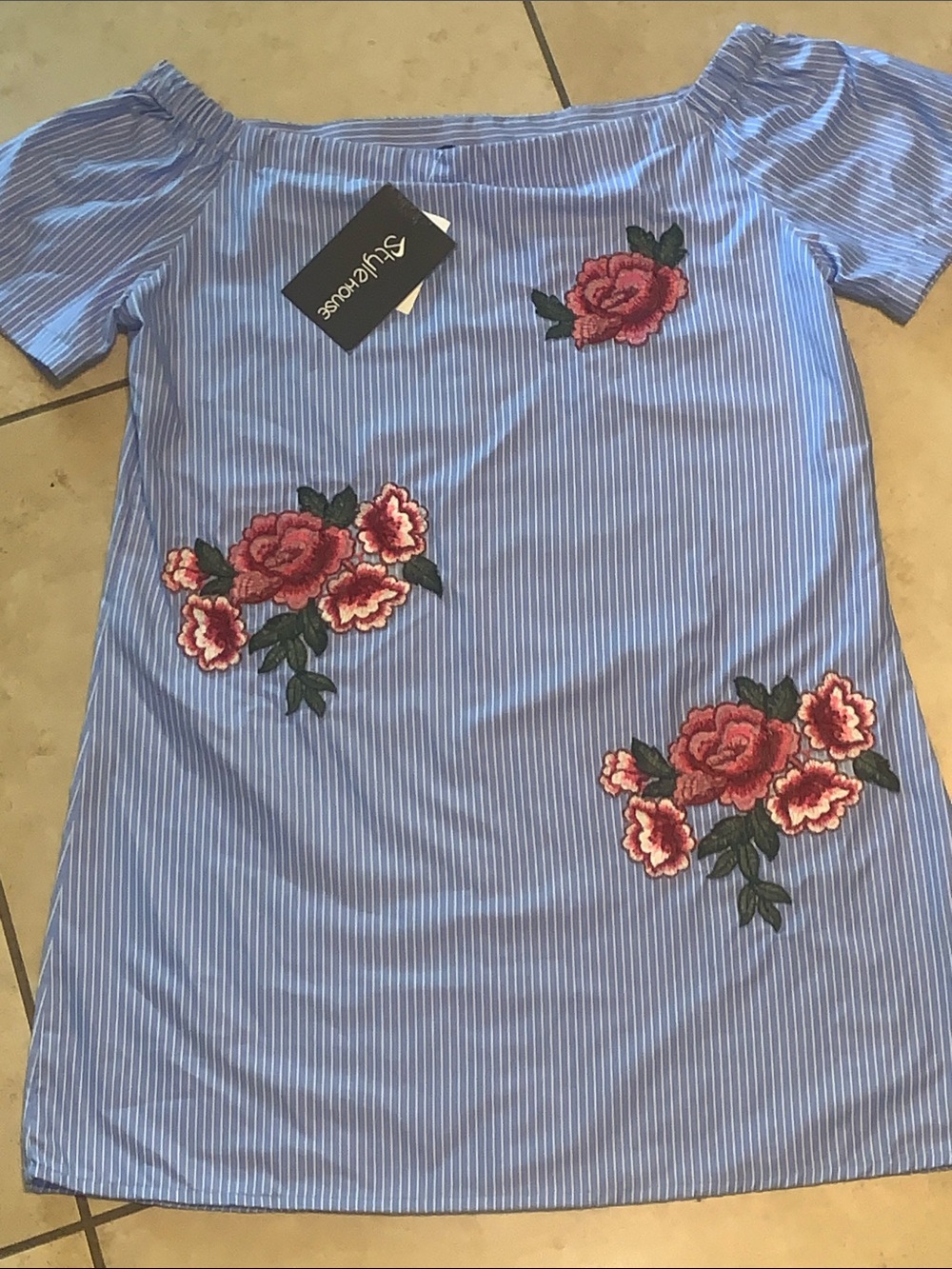Off-Shoulder Blue Striped Dress with Rose Embroidery - Style & Co.